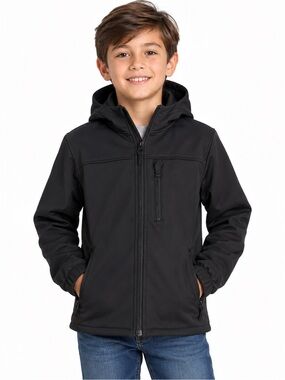 SwissTech Boys Jacket Size 8 Medium Black Softshell Fleece Lined Hooded Full Zip